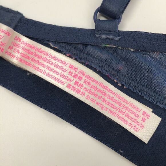 PINK Victoria's Secret Date Push Up Bra 32DD Navy Blue Neon Lace Floral Sexy - Picture 5 of 7